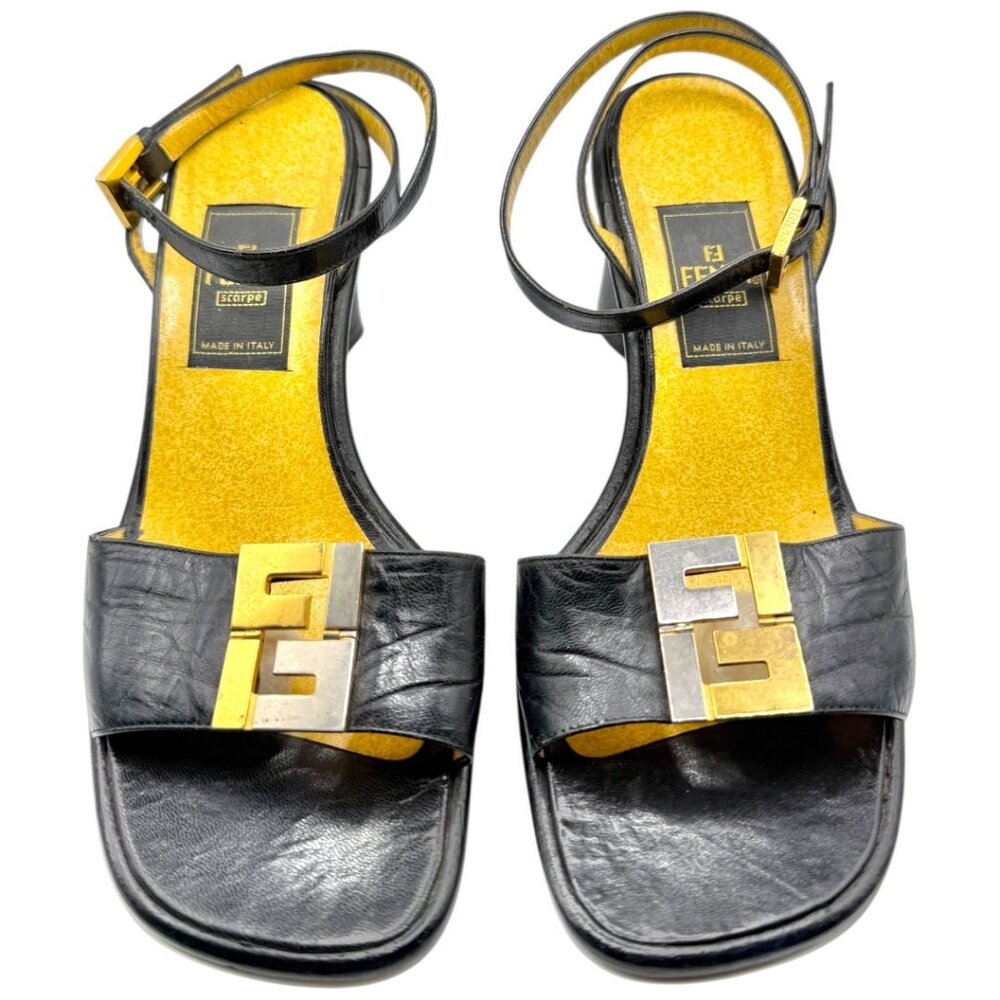 Fendi FF Logo Black Leather Ankle Strap Heels Sandals IT 36 Gold Silver Hardware - Picture 3 of 11
